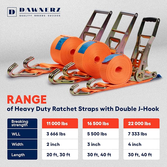 Tie Downs Ratchet Straps 2 inch X 20 ft - Heavy Duty Ratchet Strap with Double J Wire Hooks 11000 Lb Breaking Strength - Cargo Tie Down for Truck and Trailer