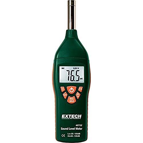 Extech 407732 Type 2 Digital Sound Level Meter 35 to 130 dB | ANSI/IEC 651, dual range, A/C weighting, fast/slow, data hold, max hold, windscreen, 9V battery
