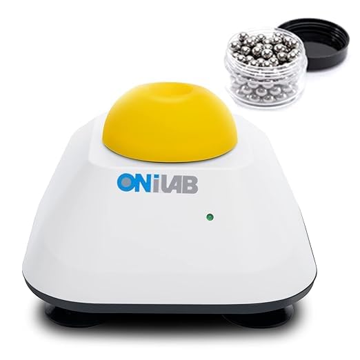 ONiLAB Mini Vortex Mixer with Touch Function, Lab Mixing, Nail Polish, Eyelash Adhesives and Acrylic Paints Mixing, Lab Vortexer with Sturdy Aluminum Cast Base，120pcs 7/32in Mixing Balls,Yellow