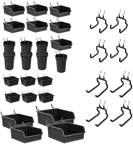 G.CORE 1/4" Pegboard Wall Organizer, 32-Pack Pegboard Cups Bins Hooks Assortment, Peg Board Organizer Accessories for Craft Room Hobby Supplies, Garage Storage Tools & Small Parts