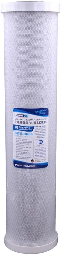 PureT HQCBC-20BB-5, 20x4.5" Coconut Carbon Block Filter - NSF Certified - Cononut Shell Activated Carbon removes Chlorine, Dirt and More (5 u Micron Rated)