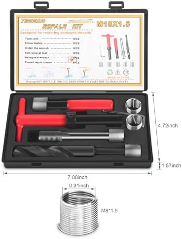 M18x1.5 Thread Repair Kit, 10 Pcs Helicoil Thread Repair Kit Thread Chaser Set, Portable Thread Metric Inserts Repair Kits Helicoil Thread Repair kit, Compatible Hand Tool Set for Auto Repairing
