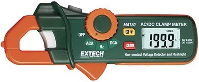 Extech MA120: AC/DC Mini Clamp Meter+Voltage Detector | 200A AC/DC, built-in NCV with LED, data hold, MIN/MAX, relative mode, compact, auto power off
