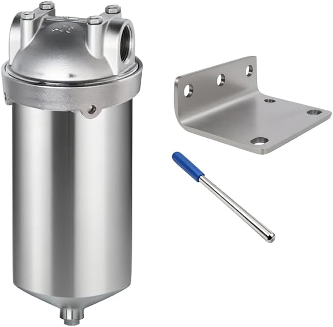 NSF/ANSI 42 Stainless Steel Whole House Water Filter Housing, 5" x 2.5" Sediment Water Filter System for Heavy Duty, Well & City Water, 1/2" NPT Port, Drain Valve Style C(Square Head)