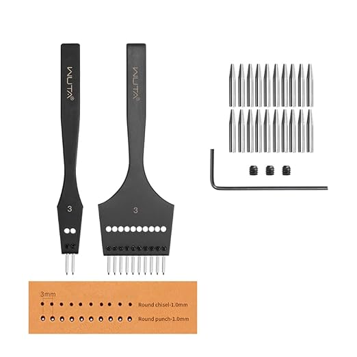 WUTA Leather Stitching Punch, 3nd Removable Round Hole Pricking Irons, Professional Working Hole Punch Tool Set for DIY Leather Craft（3mm- 2+10 Hole）