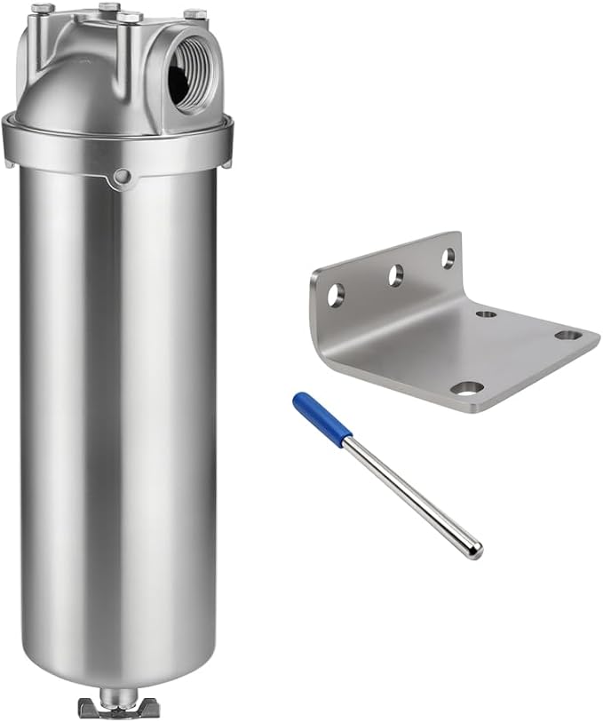 NSF/ANSI 42 Stainless Steel Whole House Water Filter Housing, 10" x 2.5" Sediment Water Filter System for Heavy Duty, Well & City Water, 1" NPT Port, Drain Valve Style A (Wing)