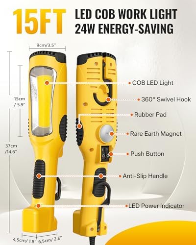 24W LED Work Light and Extension Cord Storage Reel with 4-Grounded Outlet & 2 USB Port Bundle, for Garage, Workshop, Car Repair Scene Y05WL06-G85CR06
