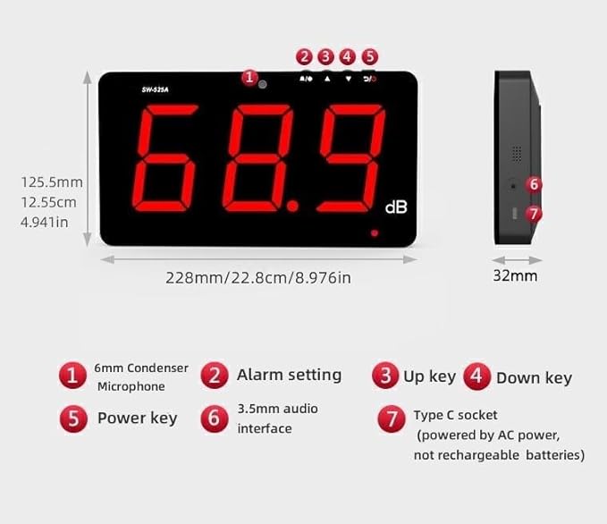 SW-525B Sound Level Meter Tester 30-130db,9.6in Screen LCD Display Wall Hanging Type Decibel Noise Measuring with Alarm (Sound Level Meter with Data Logger)