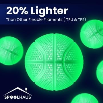PEBA Filament High Rebound Flexible Filament Super TPU Nylon Based Strength 1.75mm 78% Energy Return Bouncy Airless Basketball Lightweight 3D Printer Filament SpoolHaus Superbounce (Glow Green, 1kg)