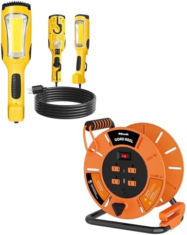 24W LED Work Light and Extension Cord Storage Reel with 4-Grounded Outlet & 2 USB Port Bundle, for Garage, Workshop, Car Repair Scene Y05WL06-G85CR06