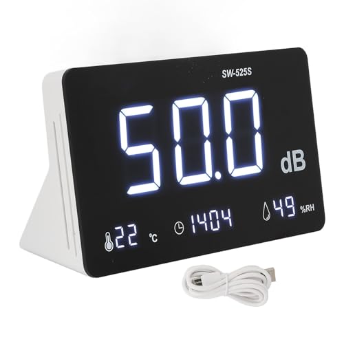 Sound Level Meter, 30-130db 4 in 1 Noise Decibel Meter, Large Time Display Temperature and Humidity Meter with Alarm for Classrooms Studios Hospitals Factories