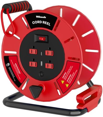 18W LED Work Light and Extension Cord Storage Reel with 4-Grounded Outlet & 2 USB Port Bundle, for Garage, Workshop, Car Repair Scene, ETL Listed Y04WL06-R85CR06