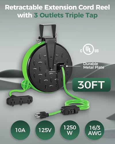 18W LED Work Light and 30 Ft Retractable Extension Cord Reel Bundle, for Garage, Workshop, Car Repair Scene, Garage and Shop Y03WL06-J30CR06