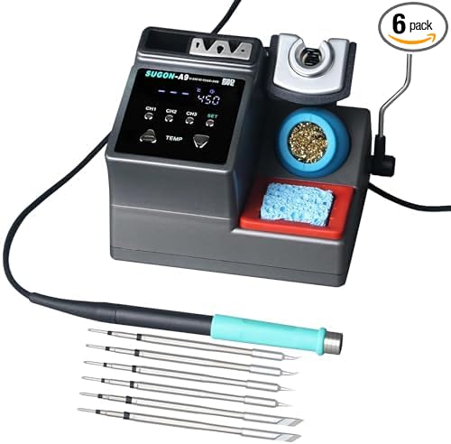 SUGON A9 245 Digital Soldering Station 3 Seconds Fast Heating, 110V Soldering Iron Station of with 6 Integrated Soldering Iron Tips Equipped, 212-842℉, Soldering Iron Replacement Rack,etc