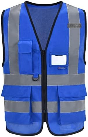 A-SAFETY High Visibility Reflective Vest, Clear ID Holder, Zipper, Blue, S | Blue S work vest with reflective strips, mic tabs and 7 pockets for data centers and electrical work; 21 color options.