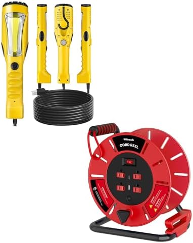 18W LED Work Light and Extension Cord Storage Reel with 4-Grounded Outlet & 2 USB Port Bundle, for Garage, Workshop, Car Repair Scene, ETL Listed Y04WL06-R85CR06