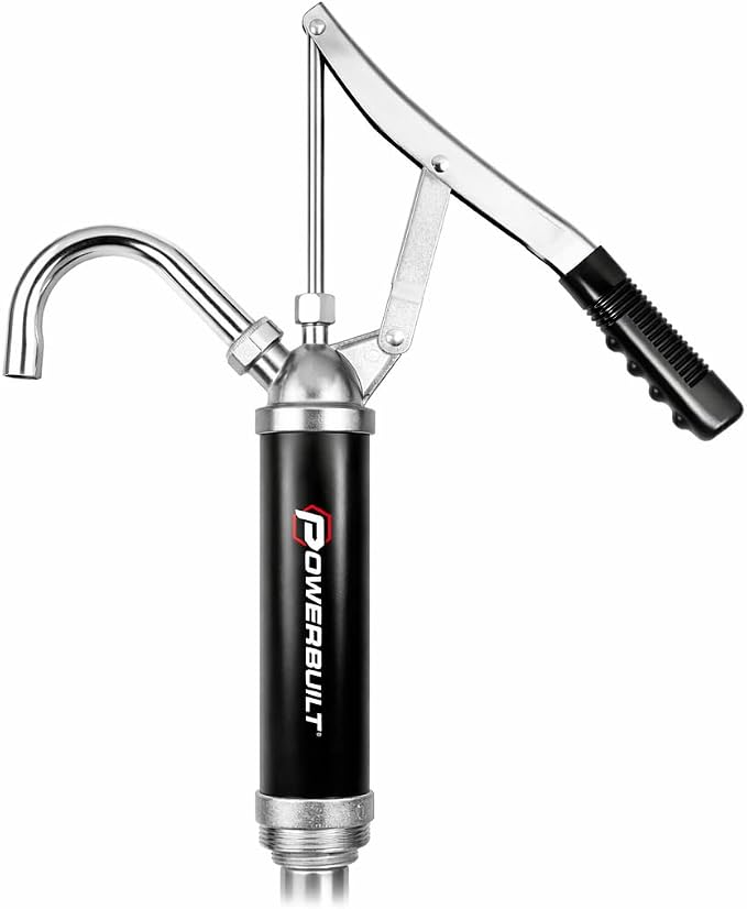 Powerbuilt Heavy Duty Level Action Barrel Pump, Drum Pump with Telescoping Suction Tube Fits 15 to 55 Gallon Drums, For Transferring Motor Oil, Heating Oil, Transmission Fluid- 648770