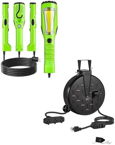 18W LED Work Light and 30 Ft Retractable Extension Cord Reel Bundle, for Garage, Workshop, Car Repair Scene, ETL Listed J03WL06-H30CR06