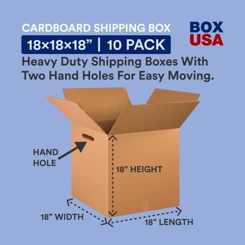 BOX USA 18x18x18 Corrugated Cardboard Double Wall Boxes with Handles Large, 18”L x 18”W x 18”H, Pack of 10 | Shipping, Packaging, Moving, Storage Box for Home or Business, Strong Wholesale Bulk Boxes