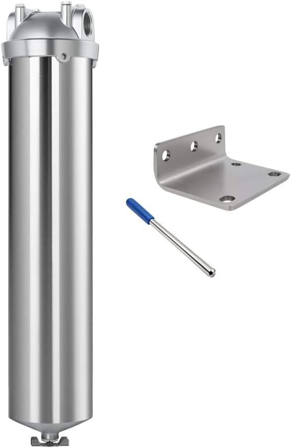 NSF/ANSI 42 Stainless Steel Whole House Water Filter Housing, 20" x 2.5" Sediment Water Filter System for Heavy Duty, Well & City Water, 3/4" NPT Port, Drain Valve Style A(Wing)