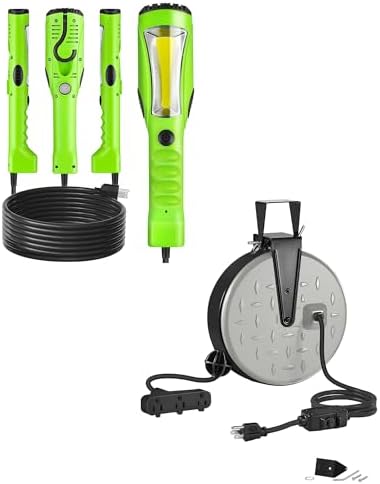 18W LED Work Light and 30 Ft Retractable Extension Cord Reel Bundle, for Garage, Workshop, Car Repair Scene, ETL Listed J04WL06-S30CR06