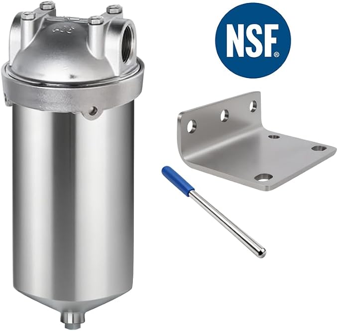 NSF/ANSI 42 Stainless Steel Whole House Water Filter Housing, 5" x 2.5" Sediment Water Filter System for Heavy Duty, Well & City Water, 3/4" NPT Port, Drain Valve Style C(Square Head)