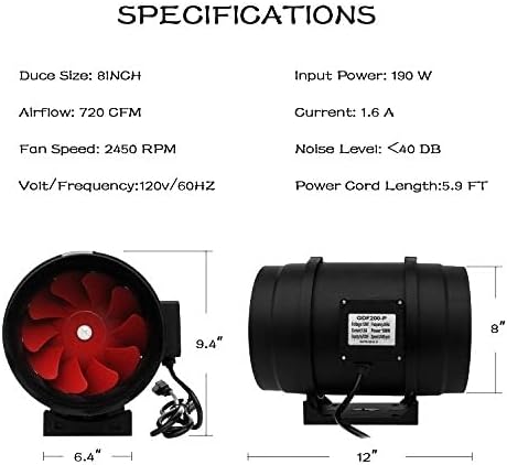SunStream Inline Duct Fan 8 Inch 720 CFM Indoor Air Ventilation Exhaust Booster Vent Blower for Grow Tent