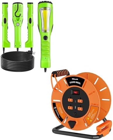18W LED Work Light and Extension Cord Storage Reel with 4-Grounded Outlet & 2 USB Port Bundle, for Garage, Workshop, Car Repair Scene, ETL Listed J04WL06-G85CR06