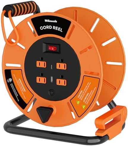 18W LED Work Light and Extension Cord Storage Reel with 4-Grounded Outlet & 2 USB Port Bundle, for Garage, Workshop, Car Repair Scene, ETL Listed J04WL06-G85CR06
