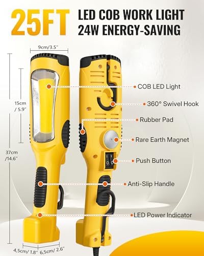 24W LED Work Light and Extension Cord Storage Reel with 4-Grounded Outlet & 2 USB Port Bundle, for Garage, Workshop, Car Repair Scene Y06WL06-U85CR06