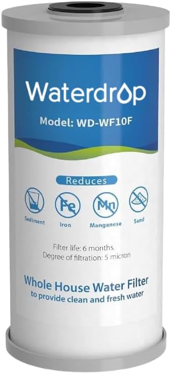 Waterdrop WF10F Whole House Water Filter, Compatible with WHF21-FG, Ispring, GE®, Any 10" x 4.5" System, Iron and Sediment Filter, Reduces Manganese, 5 Micron