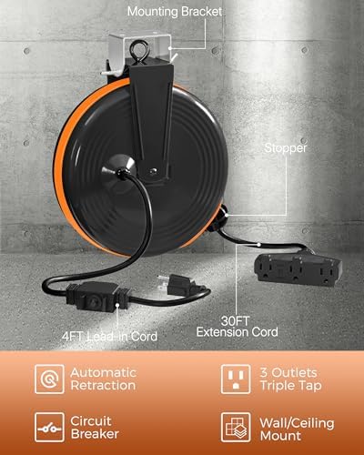 24W LED Work Light and 30 Ft Retractable Extension Cord Reel Bundle, for Garage, Workshop, Car Repair Scene Y05WL06-B30ACR06