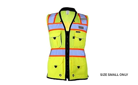 Kishigo Women's High Visibility Reflective Premium Black Series Heavy Duty Surveyors Vest S5021, Zipper Closure, Polyester, ANSI 107 Type R/Class 2, Multiple Pockets for Tools (Lime/Lime, S)