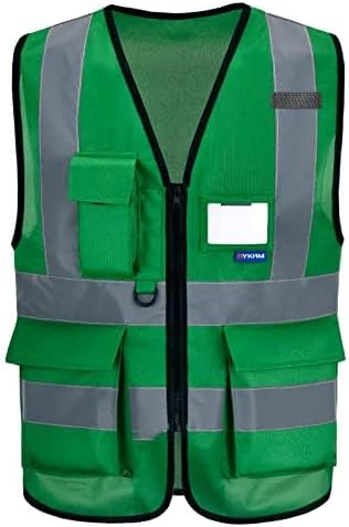 small womens safety vests green | Green S work vest with clear ID pocket, radio mic loop and reflective strips for property inspection; for men and women.