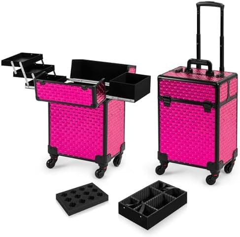 AROUS Rolling Makeup Train Case Cosmetic Travel Trolley with 4 Aluminum Trays with Sliding Rail Removable Middle Layer with Key Swivel Wheels Salon Barber Traveling Cart Trunk, Rose Red