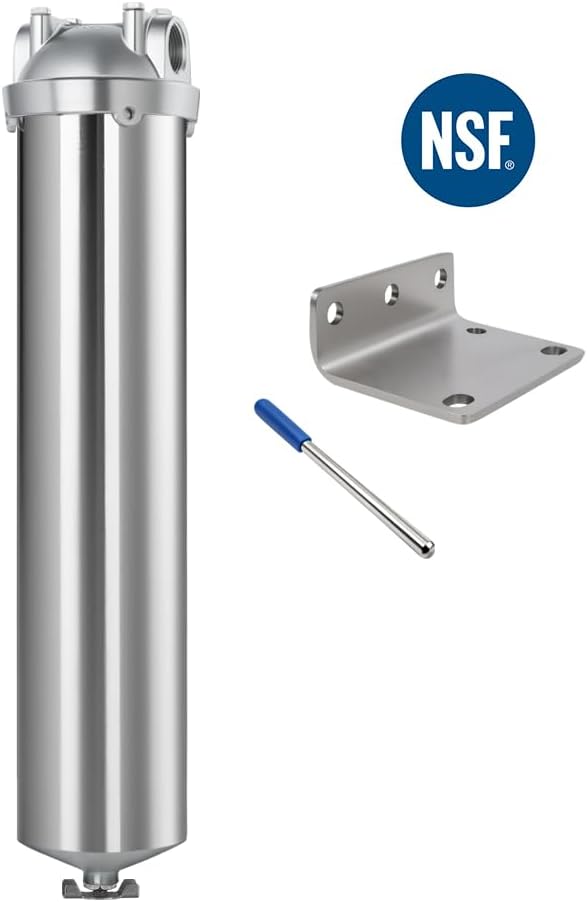 NSF/ANSI 42 Stainless Steel Whole House Water Filter Housing, 20" x 2.5" Sediment Water Filter System for Heavy Duty, Well & City Water, 1" NPT Port, Drain Valve Style A(Wing)