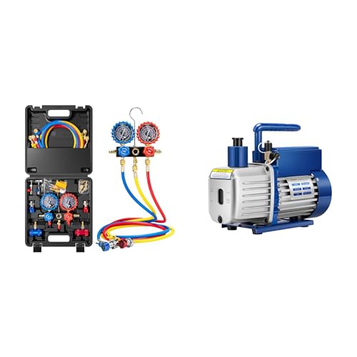 VIVOHOME HVAC Manifold Gauge Set for R134a R1234yf R454B R410a R32 with 5ft Hoses and 1/4 HP 3.5 CFM A2L HVAC Vacuum Pump with Sparkless Motor for R32 R1234yf R454B R134a R22 R410a AC Systems