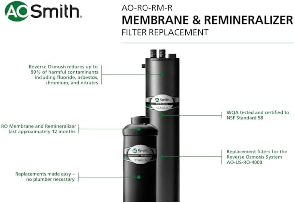 AO Smith Membrane & Remineralizer Replacements For Use with The Clean Water Filter with RO Boost (AO-US-RO-4000) - NSF Certified - Replace Every 12 Months - AO-RO-RM-R