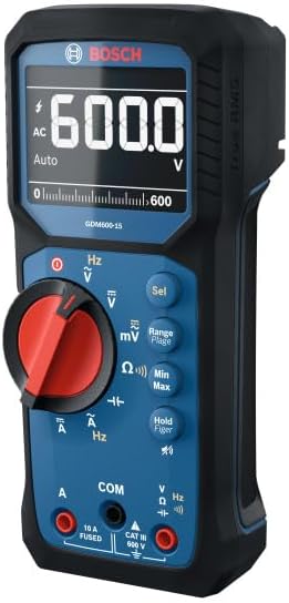 BOSCH GDM600-15 Digital Multimeter, True RMS Electrical Tester, CAT III 600V AC/DC Voltmeter and Amp Meter with Temperature, Capacitance, IP65 Rated, for HVAC, Automotive, and Electrical Use