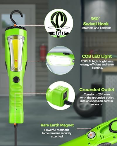 18W LED Work Light and Extension Cord Storage Reel with 4-Grounded Outlet & 2 USB Port Bundle, for Garage, Workshop, Car Repair Scene, ETL Listed J04WL06-G85CR06