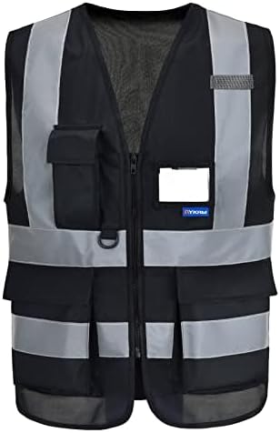 Black safety vests reflective | Black 2XL Polyester work vest with clear ID holder, mic tabs and reflective strips for event operations; for men and women.