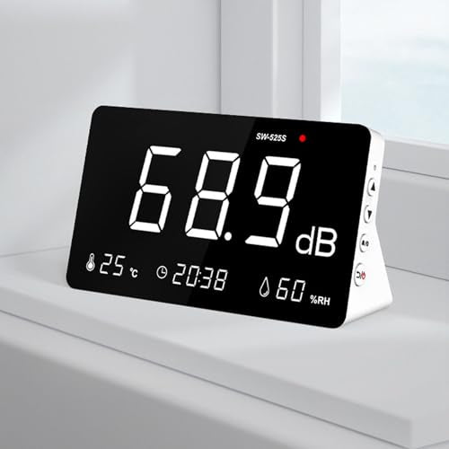 Sound Level Meter, 30-130db 4 in 1 Noise Decibel Meter, Large Time Display Temperature and Humidity Meter with Alarm for Classrooms Studios Hospitals Factories