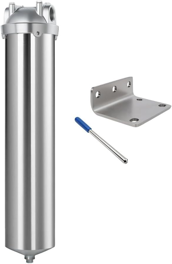 NSF/ANSI 42 Stainless Steel Whole House Water Filter Housing, 20" x 2.5" Sediment Water Filter System for Heavy Duty, Well & City Water, 3/4" NPT Port, Drain Valve Style C(Square Head)