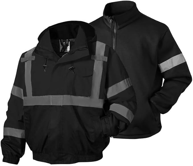 SKSAFETY 3-in-1 High Visibility Winter Bomber Jackets Zip Out Fleece Liner Reflective Safety Coats for men Waterproof ANSI/ISEA Class 3(Black 6XL)