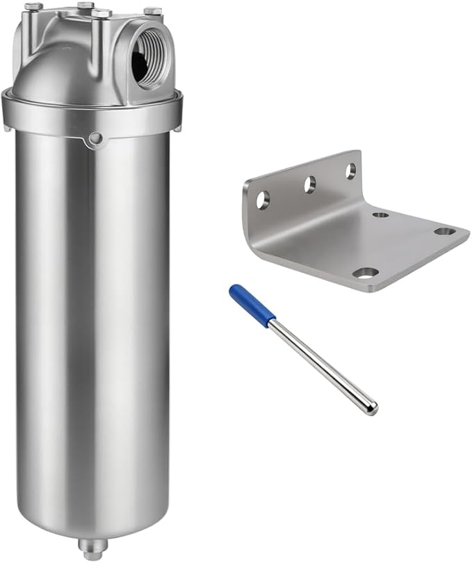 NSF/ANSI 42 Stainless Steel Whole House Water Filter Housing, 10" x 2.5" Sediment Water Filter System for Heavy Duty, Well & City Water, 3/4" NPT Port, Drain Valve Style C(Square Head)