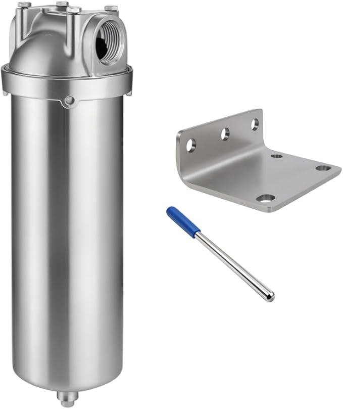 NSF/ANSI 42 Stainless Steel Whole House Water Filter Housing, 10" x 2.5" Sediment Water Filter System for Heavy Duty, Well & City Water, 1" NPT Port, Drain Valve Style C(Square Head)