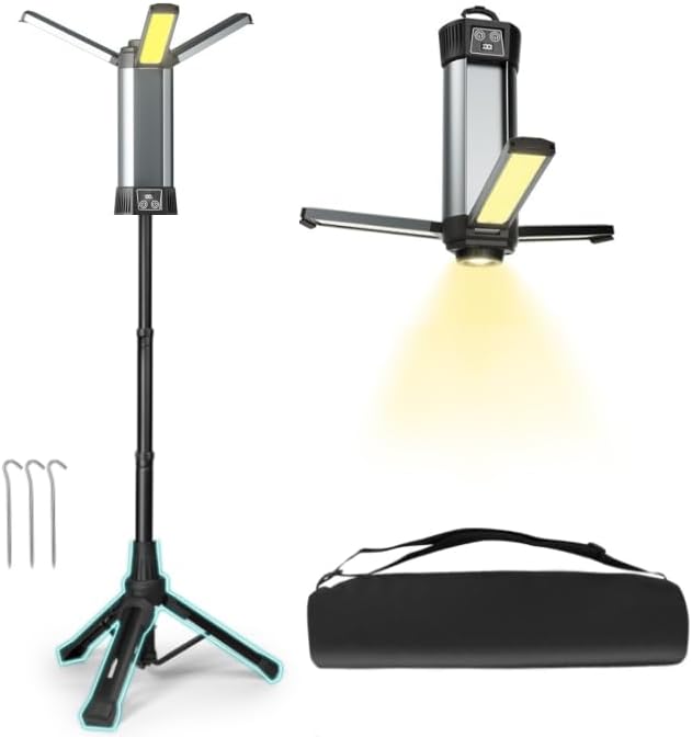 Rechargeable Work Light with Stand, Magnetic Base, Hook & Tripod (Middle) | 6000mAh battery, Telescopic tripod, Magnetic base, Hanging hook, 3 metal floor spikes, Storage bag, Camping