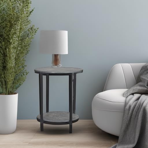 Household Essentials Jamestown Round Side End Table with Storage Shelf Rustic Slate Concrete and Black Metal