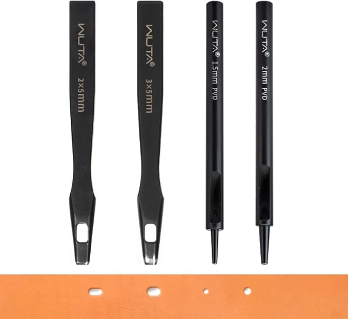 WUTA 4 Pcs Leather Belt Hole Puncher Oval Cutter Strap Watch Band Flat Punches Heavy Duty Oblong Tools for Leathercrafting (2 * 5+3 * 5+1.5mm Round+2mm Round)