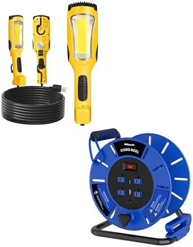 24W LED Work Light and Extension Cord Storage Reel with 4-Grounded Outlet & 2 USB Port Bundle, for Garage, Workshop, Car Repair Scene Y06WL06-U85CR06